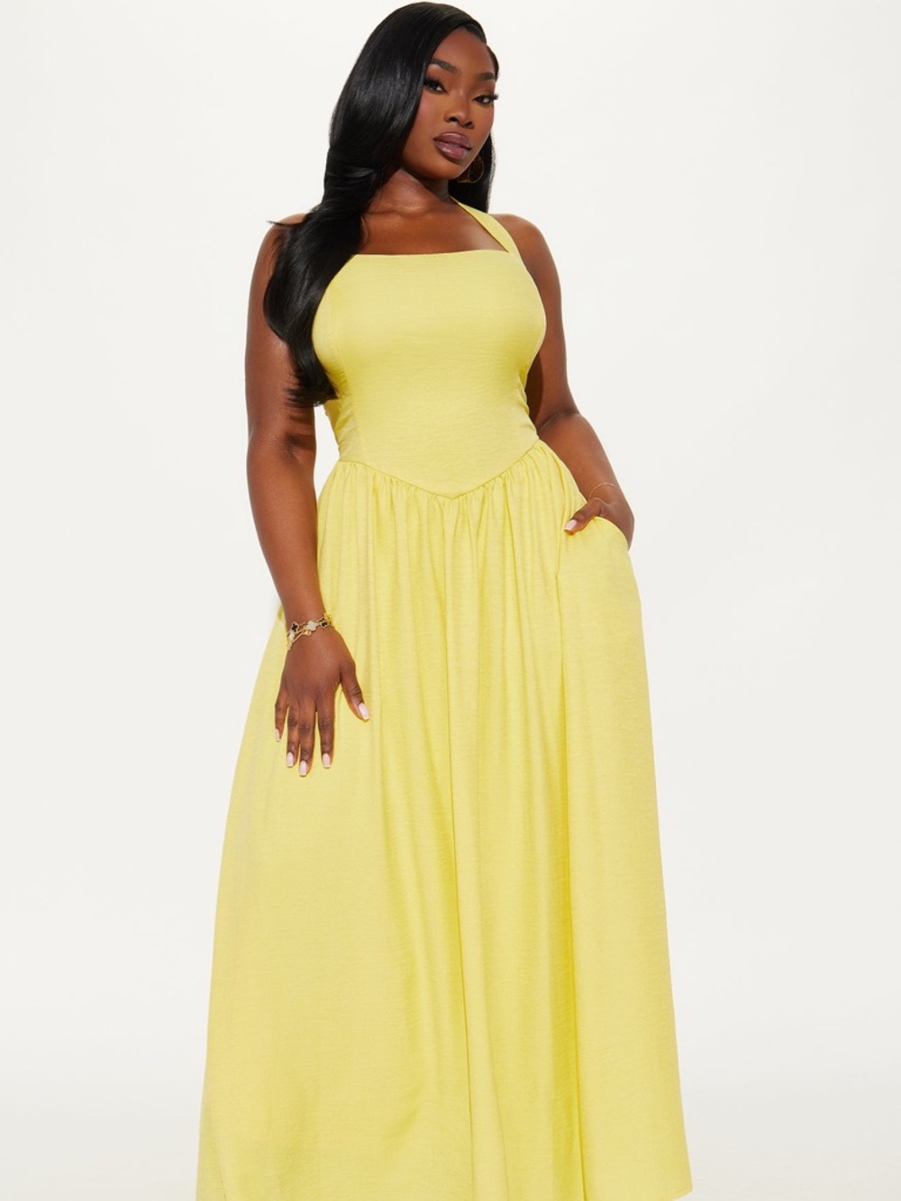 NWT Fashion Nova Yellow Halter Maxi Dress with Pockets